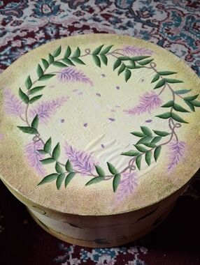 Hand-Painted Floral Round Hat Box in Cream with Lavender and Green